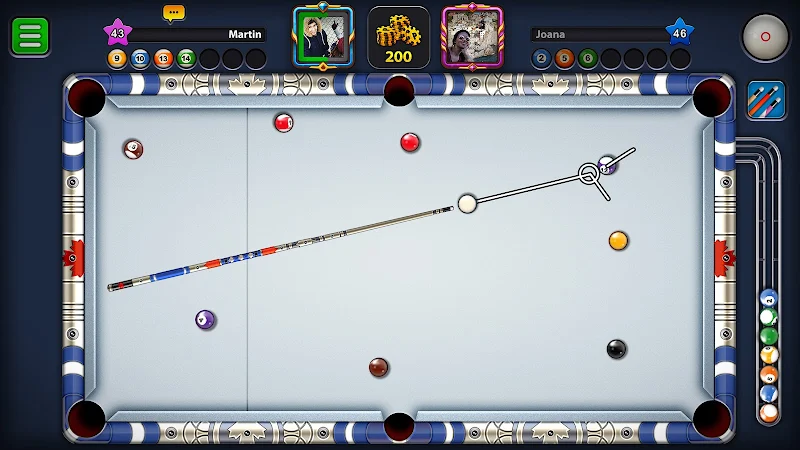 Captura de ecrã de 8 Ball Pool — preparação de tacada